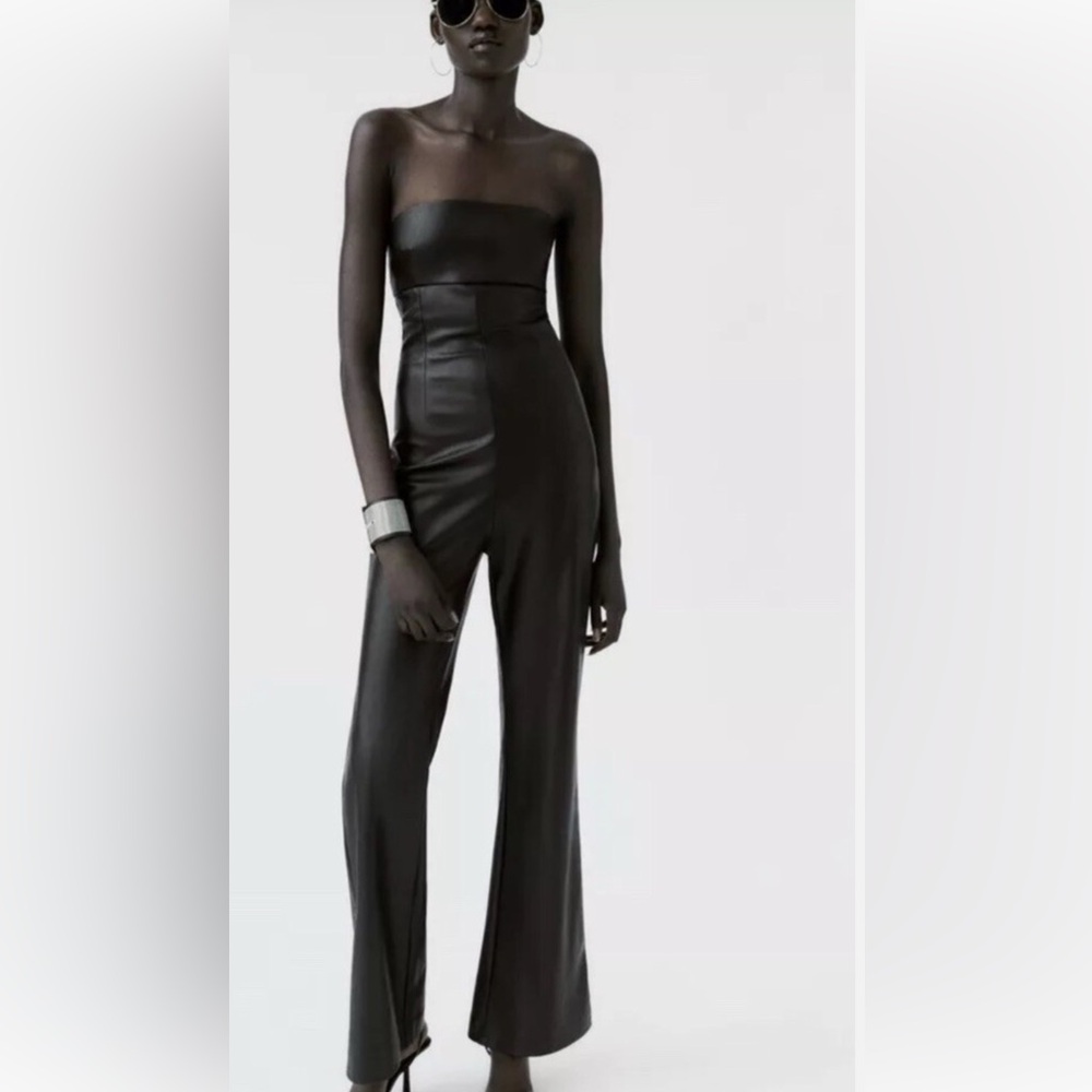 Bloggers fave:Zara faux leather strapless Black Jumpsuit, S